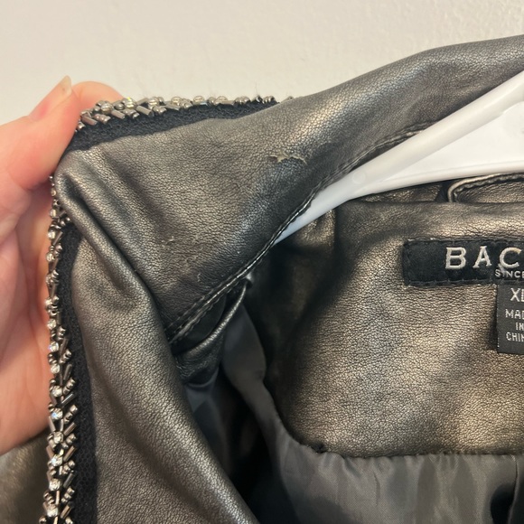 Baccini Moto Jacket Metallic Silver Faux Leather Rhinestone Embellishment XL - Picture 6 of 8